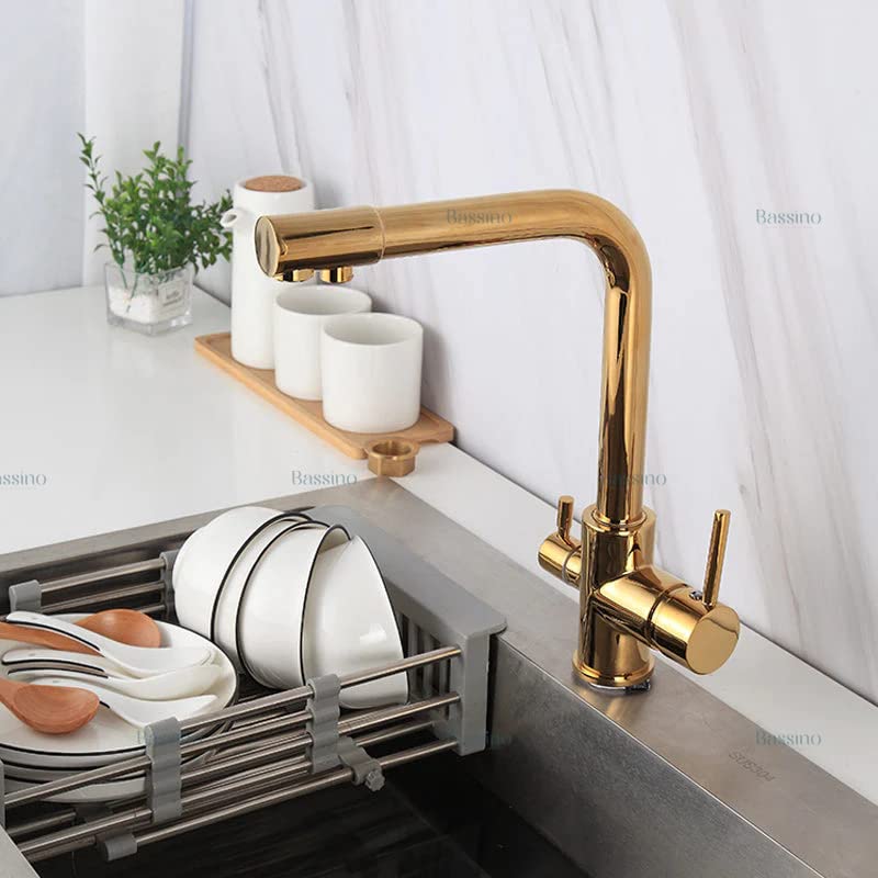 BASSINO Kitchen Faucet with Double Spout,Pro-Style SS 304 Kitchen Sink Faucet Tap with RO TAP (Gold) (BTT-2102)