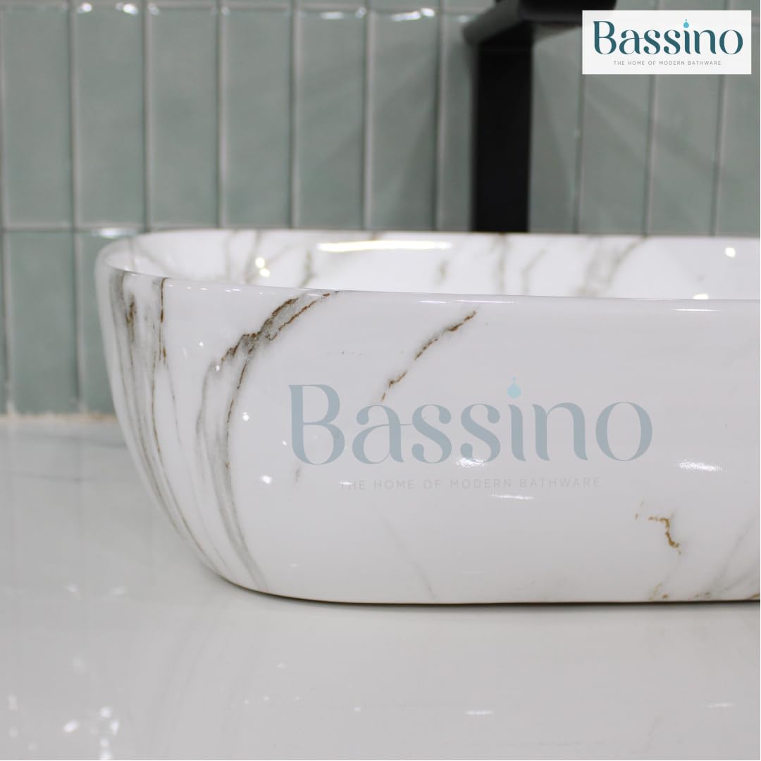 BASSINO Art Wash Basin Countertop, Tabletop Ceramic Bathroom Sink/Basin-WHITE MARBLE-(455x325x145 MM)-NS-112