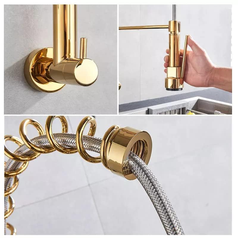 BASSINO Brass Wall-Mount Sink Tap for Kitchen Pullout Sink Tap Faucet Single Lever Kitchen Faucet-Kitchen Water Tap (Gold) (BTT-2110)