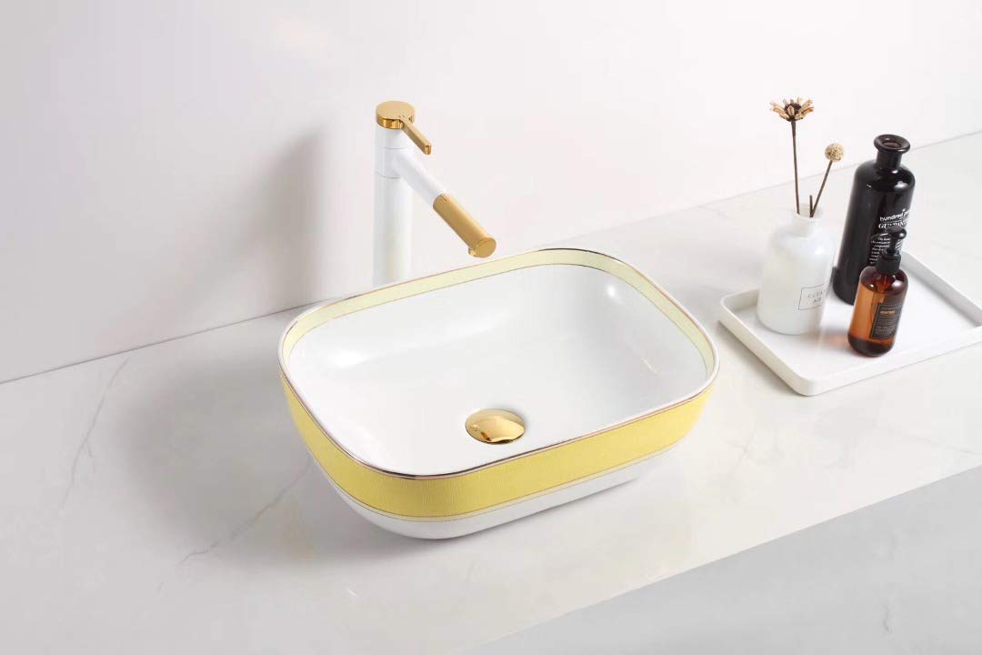 BASSINO Art Wash Basin Countertop, Tabletop Ceramic Bathroom Sink/Basin (455x325x145mm) (yellow)