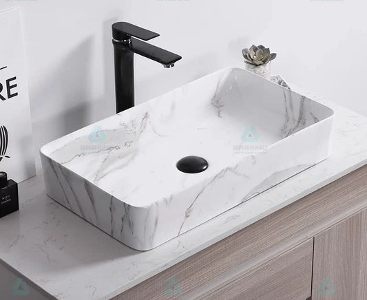 BASSINO Art Wash Basin Countertop, Tabletop Ceramic Bathroom Sink/Basin (SATVAIO) (600 x 350 x 110 MM)