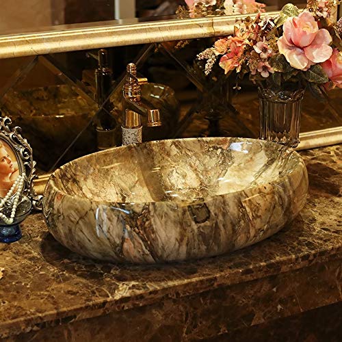 BASSINO Design Wash Basin Ceramic Tabletop Marble Bathroom Sink/Countertop Vessel Sink for Bathroom & Living Room - 600 x 400 x 150 mm (Black Marble)