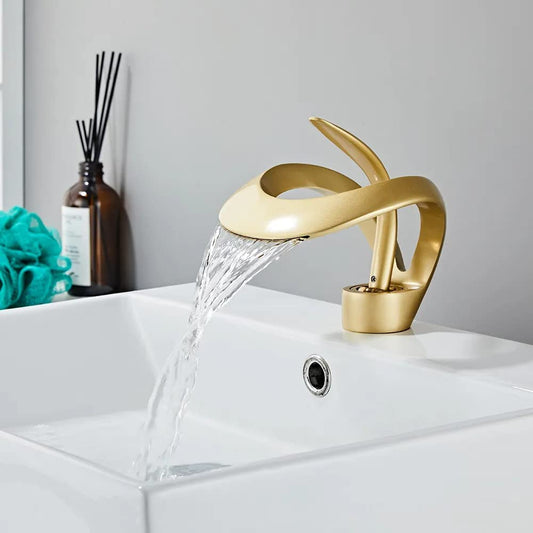 BASSINO Brass Bathroom Sink Wash Basin Mixer Tap Single Handle Hot & Cold Waterfall Lavatory Sink Faucet for Living Room & Bathrooms