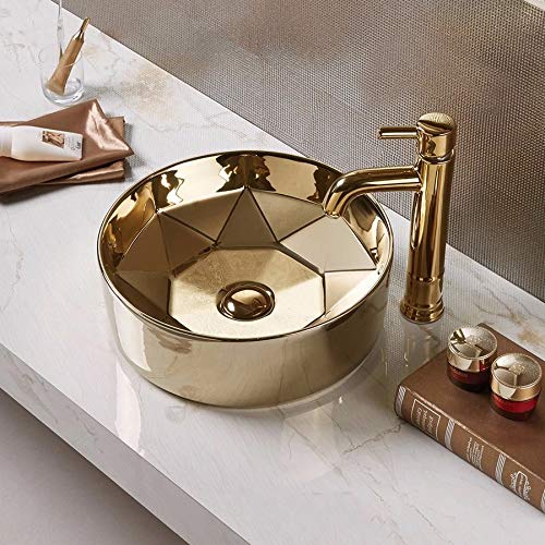 BASSINO Table Top Premium Designer Ceramic Polished Finish Wash Basin/Vessel Sink (Gold, 16 x 16 x 6 Inch) (Gold)