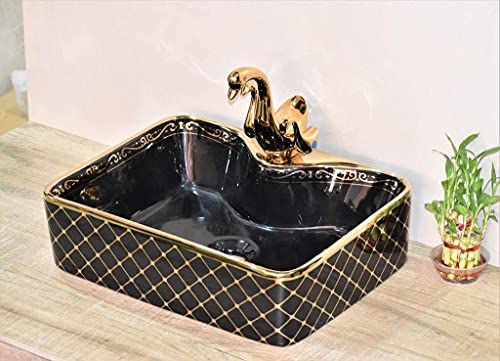 BASSINO Wash Basin Countertop, Tabletop Ceramic Bathroom Sink/Basin, 480x370x135mm, Polished finish (Black)