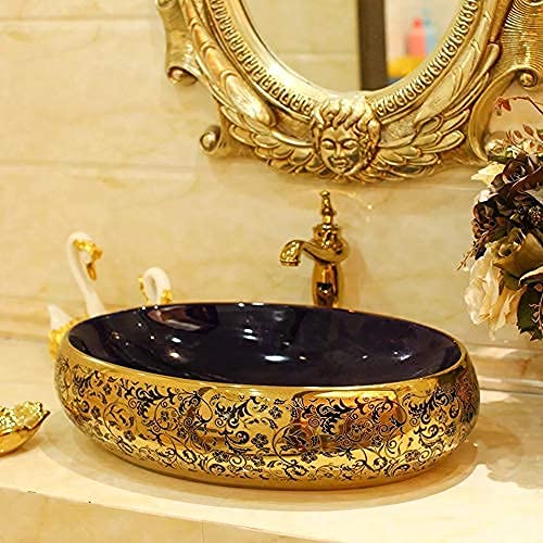 BASSINO Design Wash Basin Ceramic Tabletop Marble Bathroom Sink/Countertop Vessel Sink for Bathroom & Living Room - 600 x 400 x 150 mm (Black Gold)