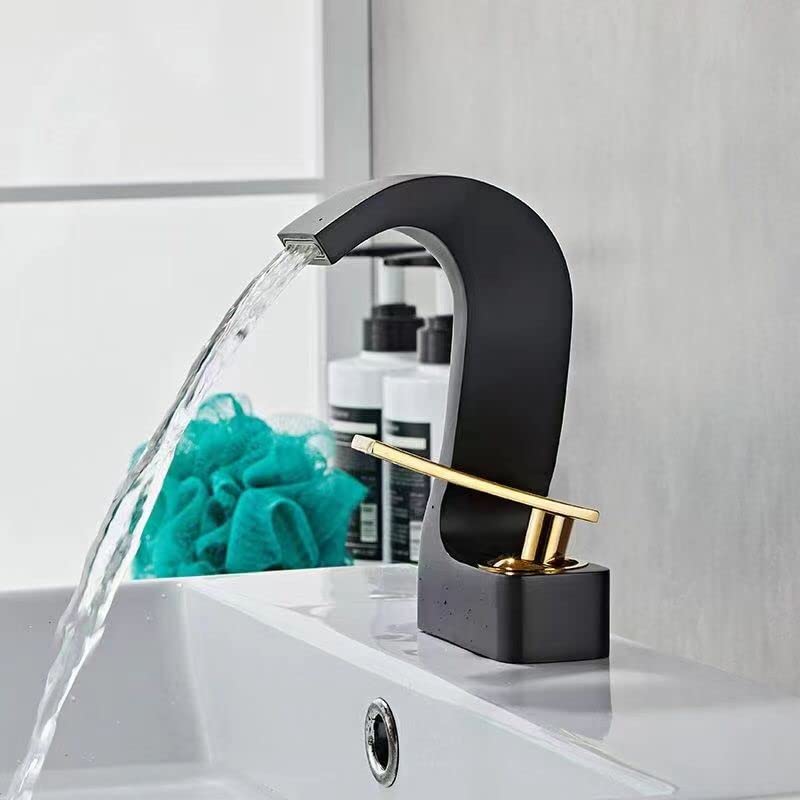 BASSINO Stylish Bathroom Faucet with Single Lever - Waterfall Bathroom Basin Faucet of Brass - Hot and Cold Water Mixer Antique Tap for Bathroom (Black & Gold) BTT-2108