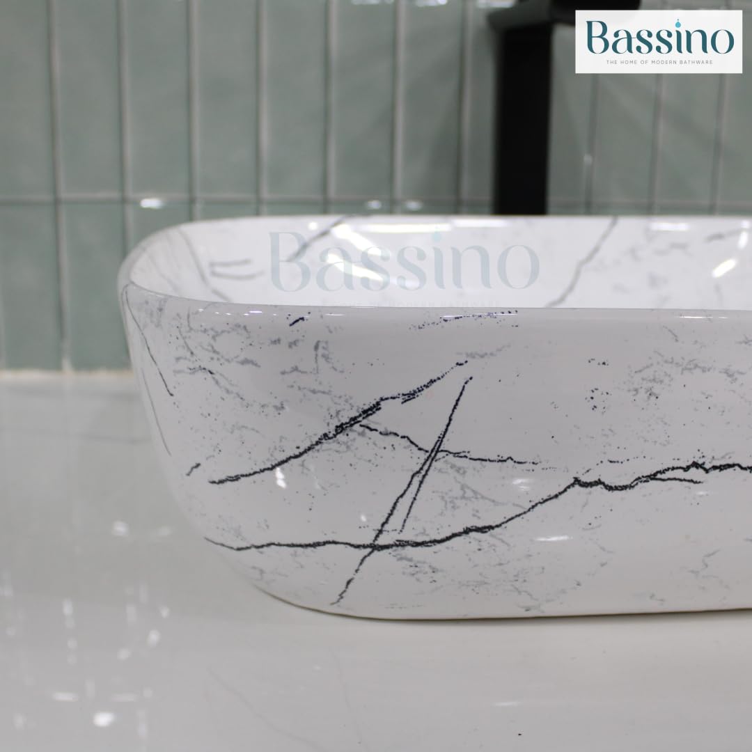 Bassino Ceramic Wash Basin Table Top Counter for Bathroom, Kitchen, Dining Hall, Living Room,Balcony, Home, Office - White New Marble (455 x 325 x 135 mm)