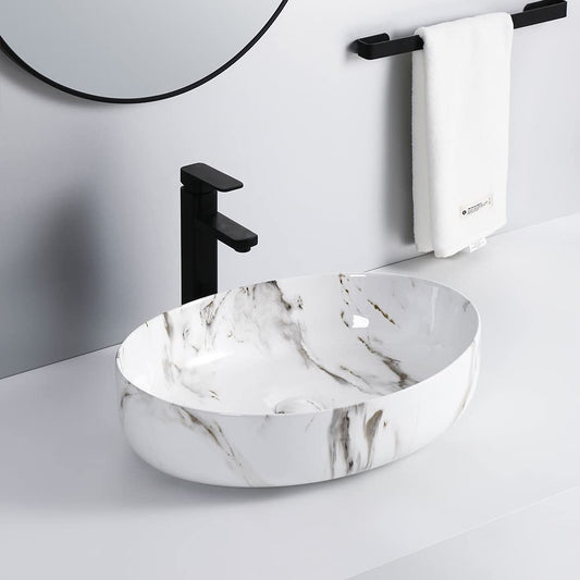 BASSINO Art Wash Basin Countertop, Tabletop Ceramic finish Bathroom Sink/Basin - Multi (SATVARIO MARBLE) (550X415X140MM)