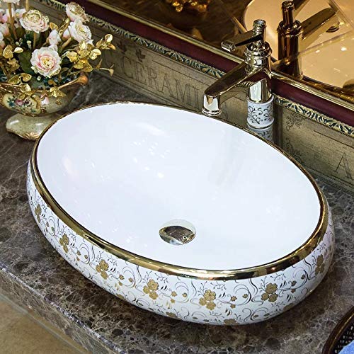 BASSINO Art Wash Basin Countertop, Tabletop Ceramic Bathroom Sink/Basin (600 x 400 x 150 mm) (Golden White)