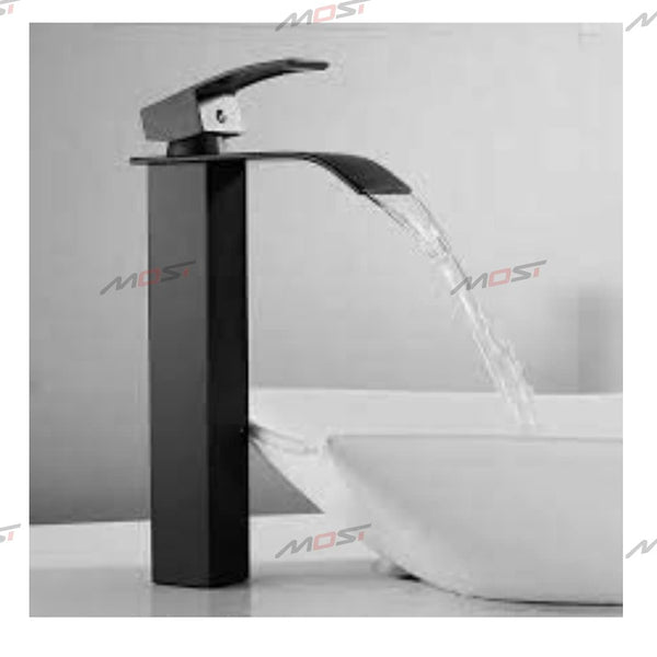 BASSINO Stylish Bathroom Faucet with Single Lever - Waterfall Bathroom Basin Faucet of Brass - Hot and Cold Water Mixer Antique Tap for Bathroom 12 Inches - (Black Square)