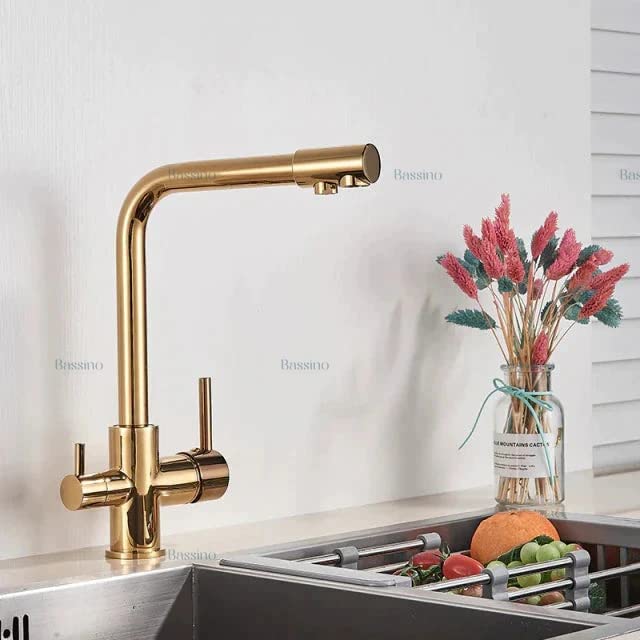 BASSINO Kitchen Faucet with Double Spout,Pro-Style SS 304 Kitchen Sink Faucet Tap with RO TAP (Gold) (BTT-2102)