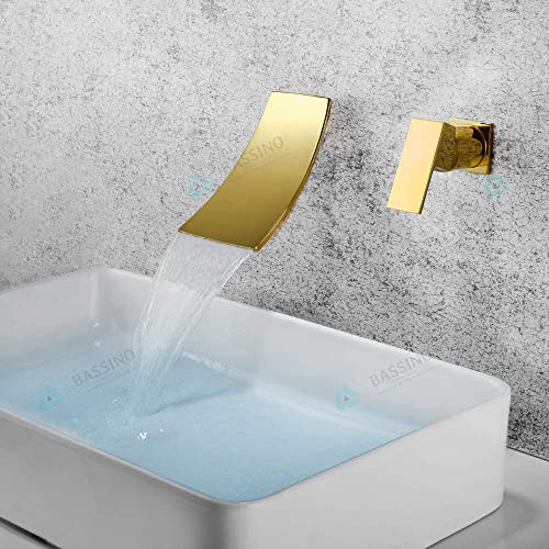 BASSINO Gold Waterfall Faucet Tap Wall Brass Basin Mixer Wall Mixer Sink Mixer Hot and Cold, Golden Colour Faucet Tap (BTT-2067) (Gold)