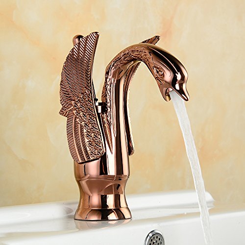 BASSINO Brass Rose Gold Swan Shape Bathroom Sink Wash Basin Mixer Tap Single Handle Hot & Cold Waterfall Lavatory Sink Faucet for Living Room & Bathroom (BTT-2050, 8 INCH)