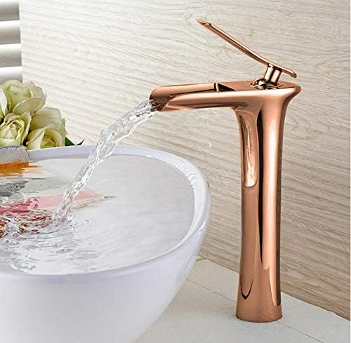 BASSINO Stylish Bathroom Faucet with Single Lever - Waterfall Bathroom Basin Faucet of Brass - Hot and Cold Water Mixer Antique Tap for Bathroom 12 Inches- Rose Gold