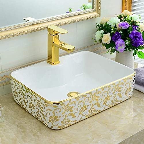 BASSINO Wash Basin Countertop, Tabletop Ceramic Bathroom Sink/Basin, White 480x370x135mm (WHITE GOLDEN)