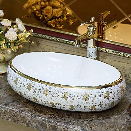 BASSINO Art Wash Basin Countertop, Tabletop Ceramic Bathroom Sink/Basin (600 x 400 x 150 mm) (Golden White)