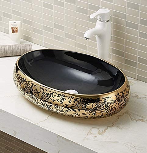 BASSINO Design Wash Basin Ceramic Tabletop Marble Bathroom Sink/Countertop Vessel Sink for Bathroom & Living Room - 600 x 400 x 150 mm (Black Gold)