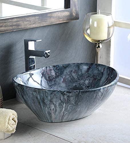 BASSINO Ceramic Italian Marble Printed Glossy Finish Table Top Countertop Basin (Blue Marble, 410x340x145mm)