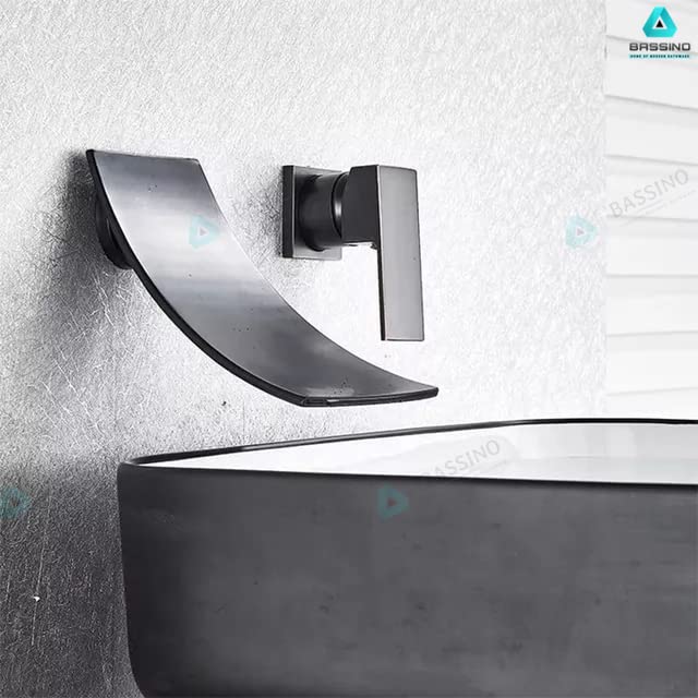 BASSINO Black Matt Waterfall Faucet tap Wall Mount Brass Basin Mixer,Wall Mixer Sink Mixer, hot and Cold Black Color faucets Tap (BTT-2068)(Black MATT)