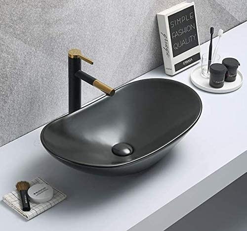 BASSINO Art Wash Basin Countertop, Tabletop Ceramic Bathroom Sink/Basin (630 x 360 x 160mm) (WHITE) (MATT) (BLACK)