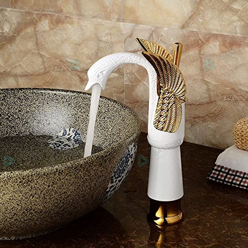 BASSINO Brass Swan Shape Bathroom Sink Wash Basin Mixer Tap Single Handle Hot & Cold Waterfall Lavatory Sink Faucet for Living Room & Bathroom (BTT-2065) (12 INCH,White Gold)