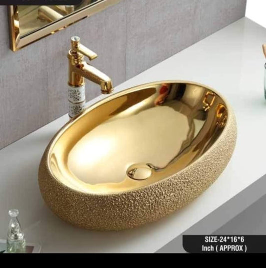 BASSINO Art Countertop, Tabletop Ceramic Bathroom Sink/Wash Basin (600x400x150mm, Golden).