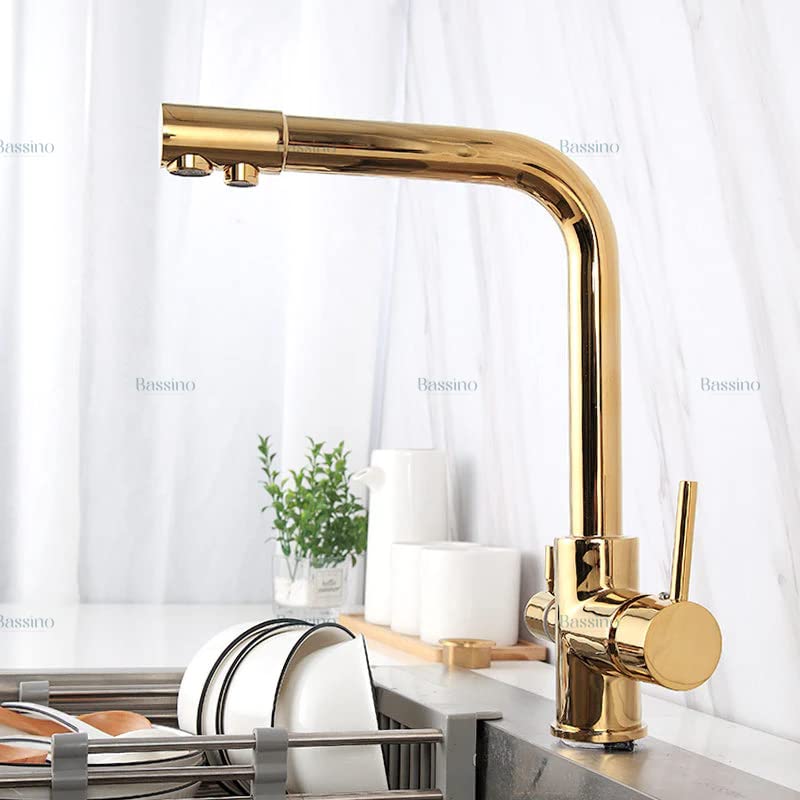 BASSINO Kitchen Faucet with Double Spout,Pro-Style SS 304 Kitchen Sink Faucet Tap with RO TAP (Gold) (BTT-2102)