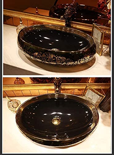 BASSINO Art Wash Basin Countertop, Tabletop Ceramic Bathroom Sink/Basin (600 x 400 x 150 mm) (BLACK GOLD 2)