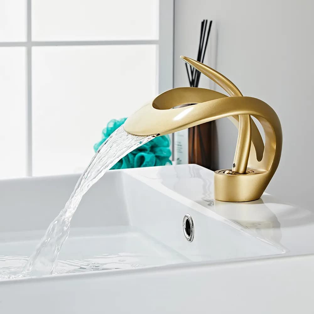 BASSINO Brass Bathroom Sink Wash Basin Mixer Tap Single Handle Hot & Cold Waterfall Lavatory Sink Faucet for Living Room & Bathrooms