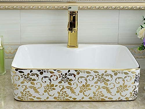 BASSINO Wash Basin Countertop, Tabletop Ceramic Bathroom Sink/Basin, White 480x370x135mm (WHITE GOLDEN)