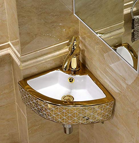 BASSINO Design Wash Basin Ceramic Tabletop Marble Bathroom Sink/Countertop Vessel Sink for Bathroom & Living Room - 435 x 320 x 130 mm (Gold)