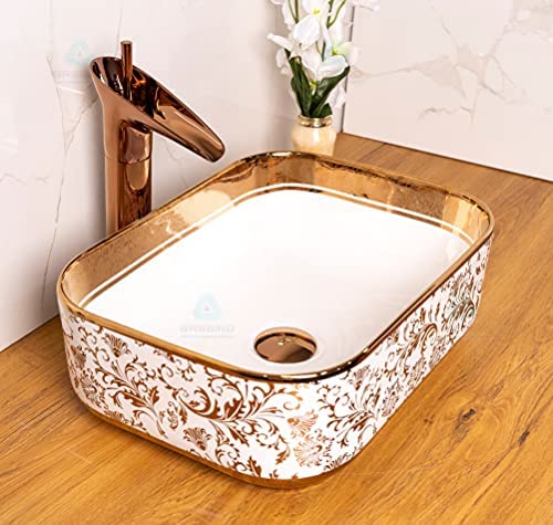 BASSINO Design Wash Basin Ceramic Tabletop Marble Bathroom Sink/Countertop Vessel Sink for Bathroom & Living Room - 400 x 300 x 140 mm (White Gold)