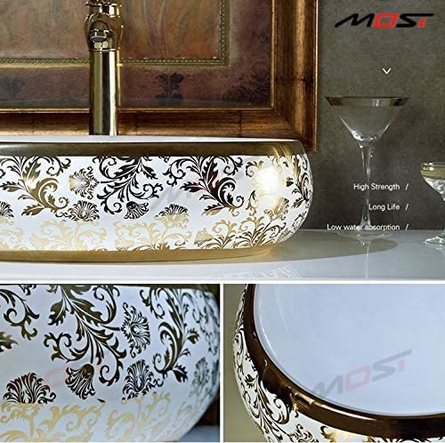 MOST Art Wash Basin Countertop, Tabletop Ceramic Bathroom Sink/Basin (600 x 400 x 150 mm) (White Gold)