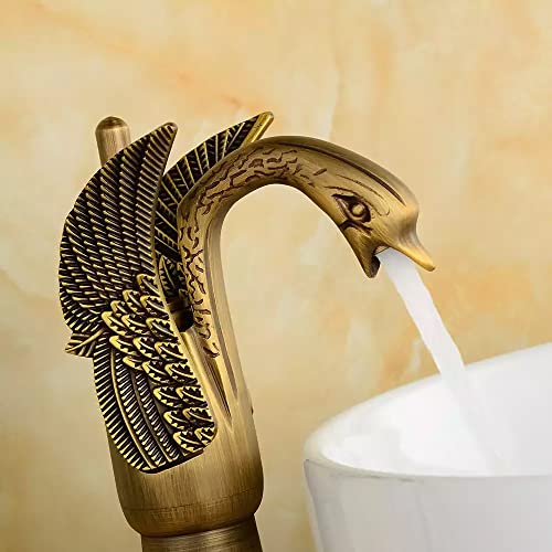 BASSINO Brass Antique Swan Shape Bathroom Sink Wash Basin Mixer Tap Single Handle Hot & Cold Waterfall Lavatory Sink Faucet for Living Room & Bathroom (BTT-2045, 8 INCH)