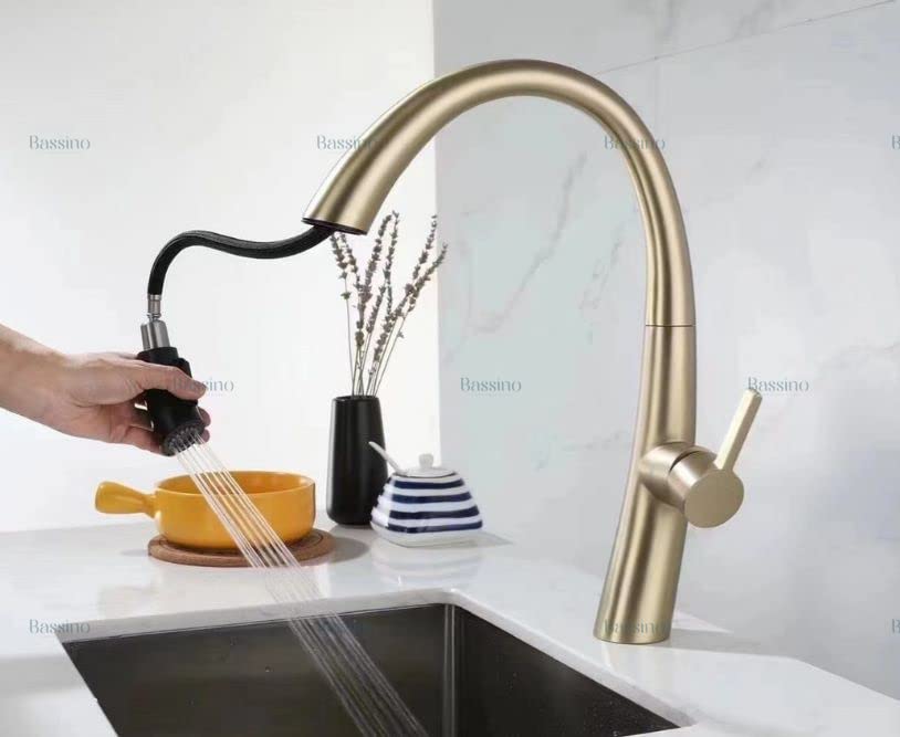 Brass Kitchen Faucet Luxury Design Pull Out Kitchen Faucet Tap Single Hole 360° Rotatable / Dual Water Flow System Kitchen Sink Tap Faucet (Gold) BTT-2104