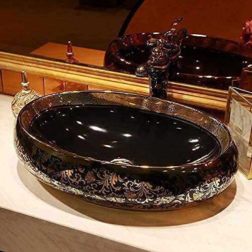 BASSINO Art Wash Basin Countertop, Tabletop Ceramic Bathroom Sink/Basin (600 x 400 x 150 mm) (BLACK GOLD 2)