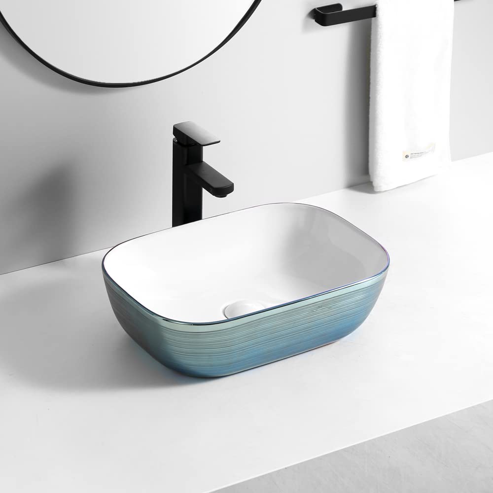 BASSINO Design Wash Basin Ceramic Tabletop Marble Bathroom Sink/Countertop Vessel Sink for Bathroom & Living Room - 455 x 325 x 145 mm (Blue)