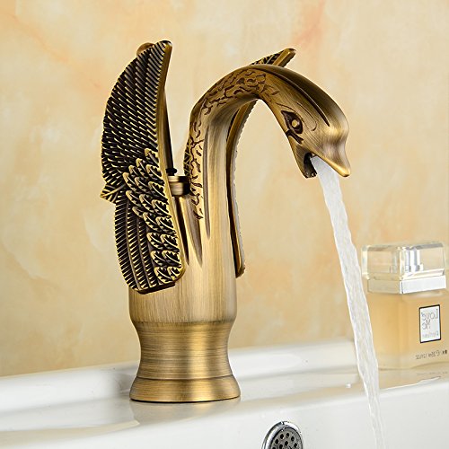 BASSINO Brass Antique Swan Shape Bathroom Sink Wash Basin Mixer Tap Single Handle Hot & Cold Waterfall Lavatory Sink Faucet for Living Room & Bathroom (BTT-2045, 8 INCH)