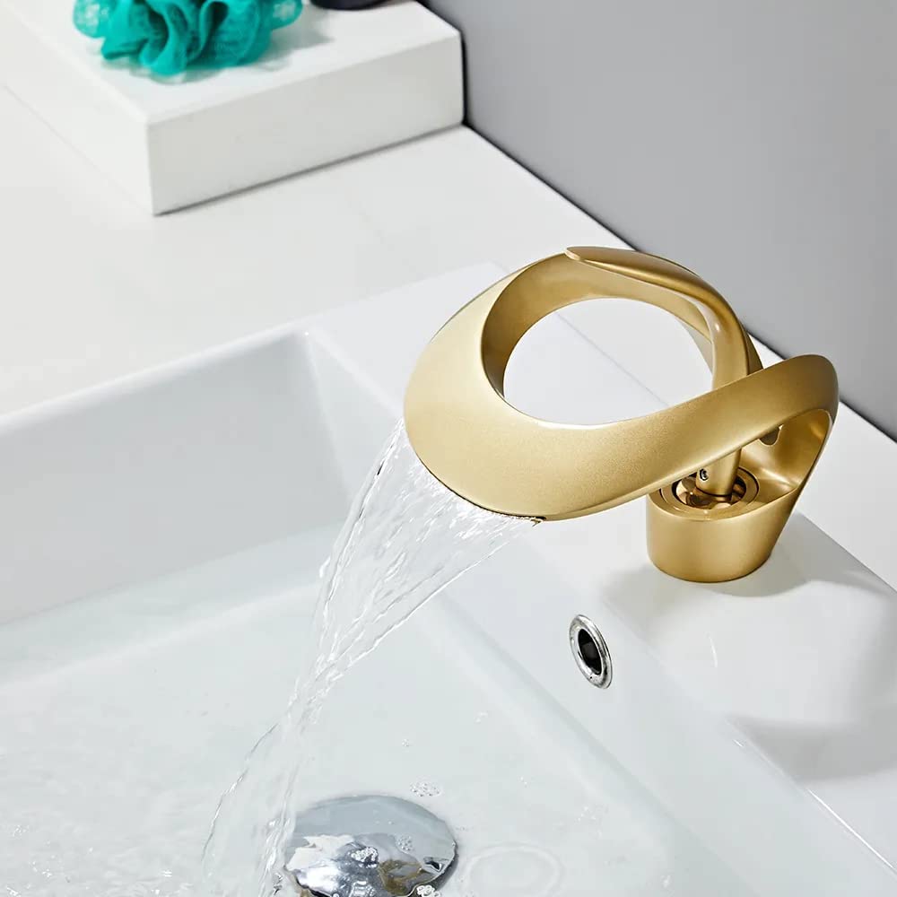 BASSINO Brass Bathroom Sink Wash Basin Mixer Tap Single Handle Hot & Cold Waterfall Lavatory Sink Faucet for Living Room & Bathrooms