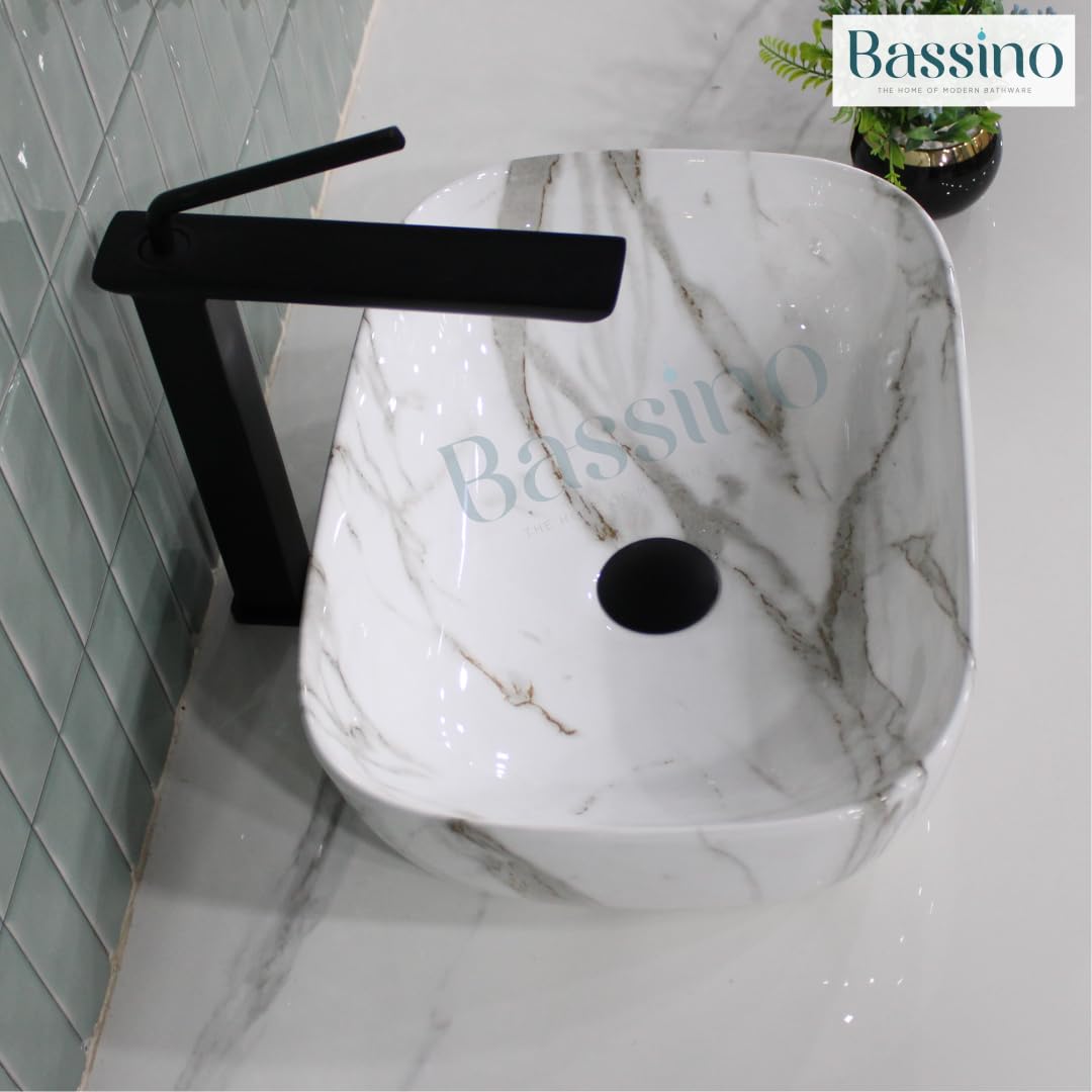 BASSINO Art Wash Basin Countertop, Tabletop Ceramic Bathroom Sink/Basin-WHITE MARBLE-(455x325x145 MM)-NS-112