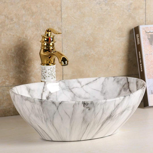 BASSINO Tabletop Bathroom Sink, White Marble, Glossy Finish