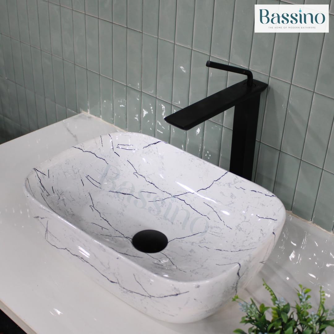 Bassino Ceramic Wash Basin Table Top Counter for Bathroom, Kitchen, Dining Hall, Living Room,Balcony, Home, Office - White New Marble (455 x 325 x 135 mm)