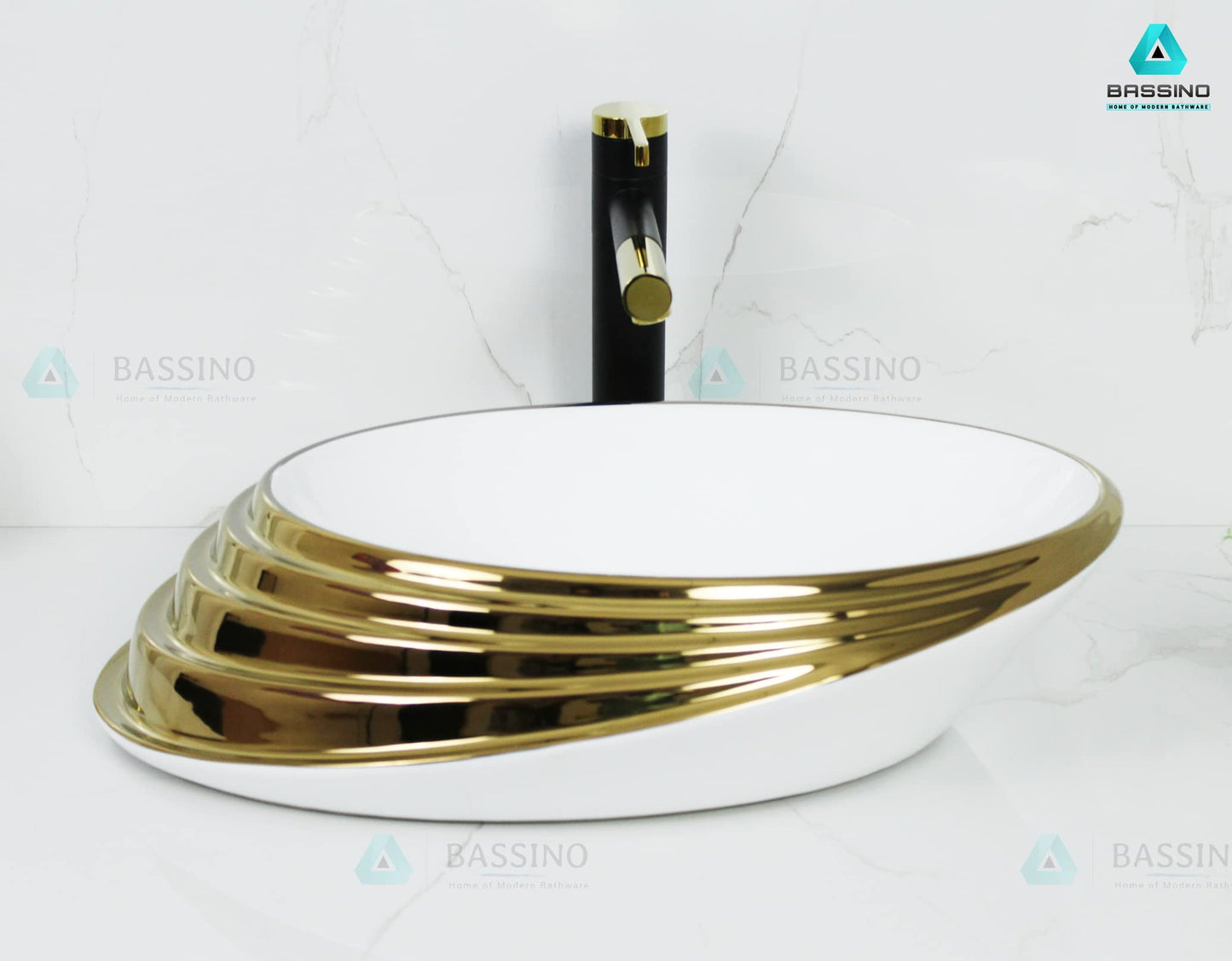 BASSINO Art Wash Basin Countertop, Tabletop Ceramic Bathroom Sink (520x380x150mm, Gold)