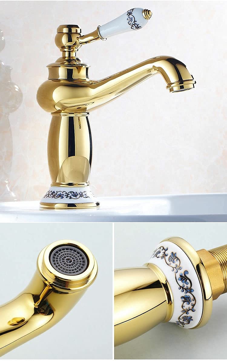 BASSINO Small Size Brass Bathroom Sink Wash Basin Mixer Tap Single Handle Hot & Cold Waterfall Lavatory Sink Faucet for Living Room & Bathrooms (Gold)