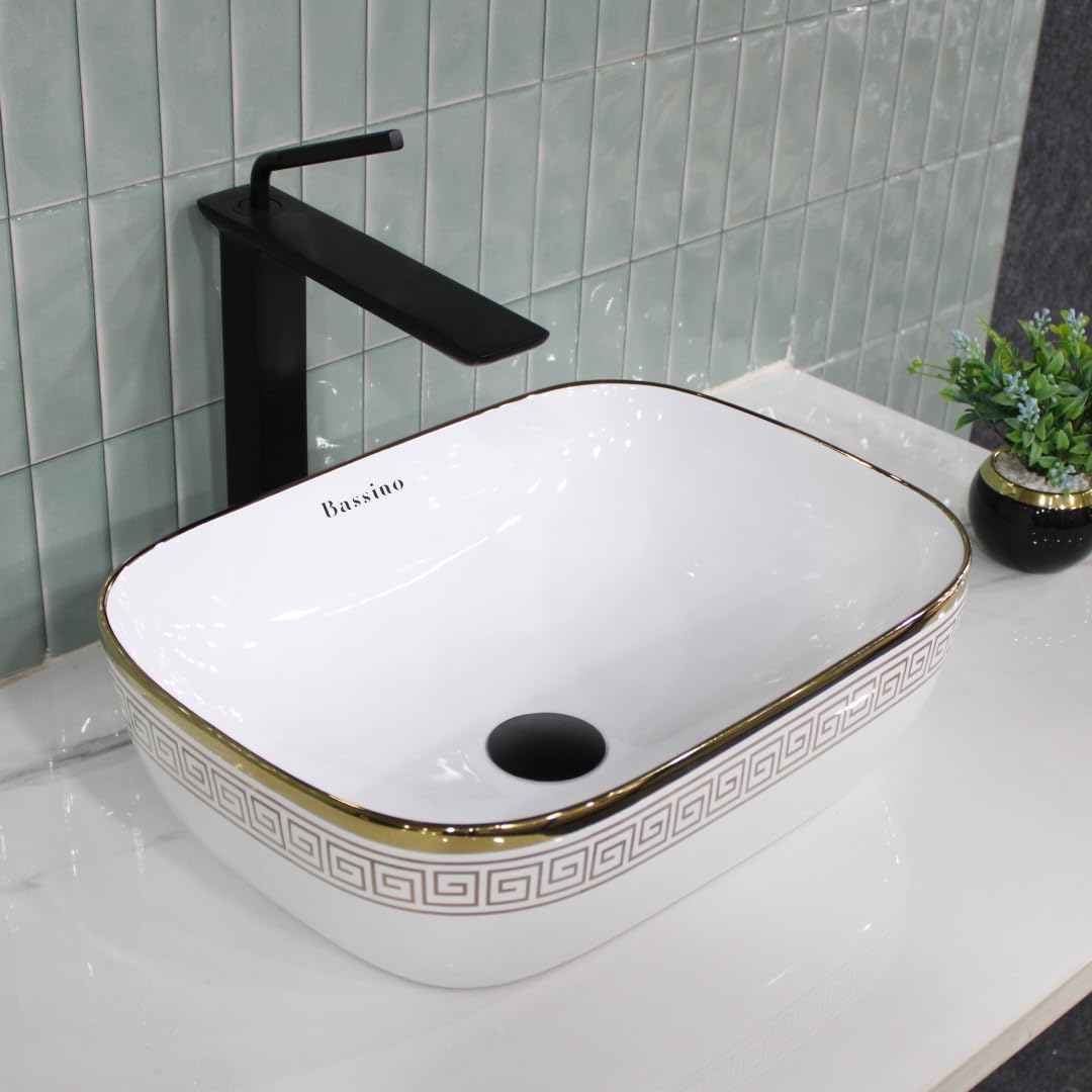 Bassino Ceramic Wash Basin Table Top Counter for Bathroom, Kitchen, Dining Hall, Living Room,Balcony, Home, Office - White Gold (455 x 325 x 135 mm)