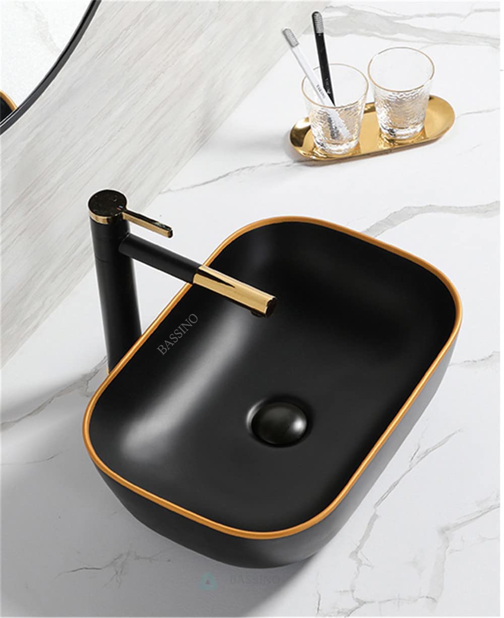 BASSINO Art Wash Basin Countertop, Tabletop Ceramic Bathroom Sink/Basin, Painted finish (455x325x145mm) (Design18), Black and Gold