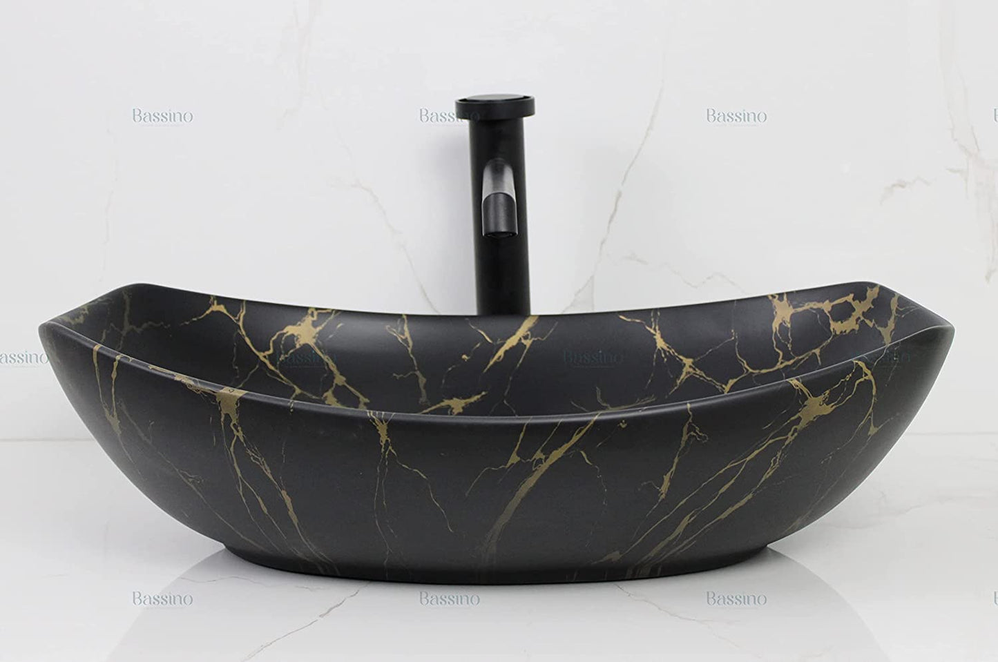 BASSINO Art Wash Basin Countertop, Tabletop Ceramic Bathroom Sink/Basin (BLACK & GOLD MATT) (550 x 400 x 155 MM) - BTT-1445