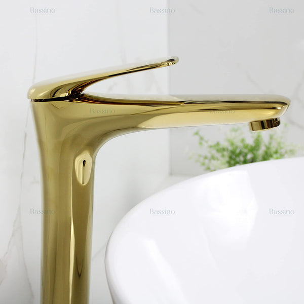 BASSINO Stylish Bathroom Faucet with Single Lever - Waterfall Bathroom Basin Faucet of Brass - Hot and Cold Water Mixer Antique Tap for Bathroom (Gold) BTT-2090