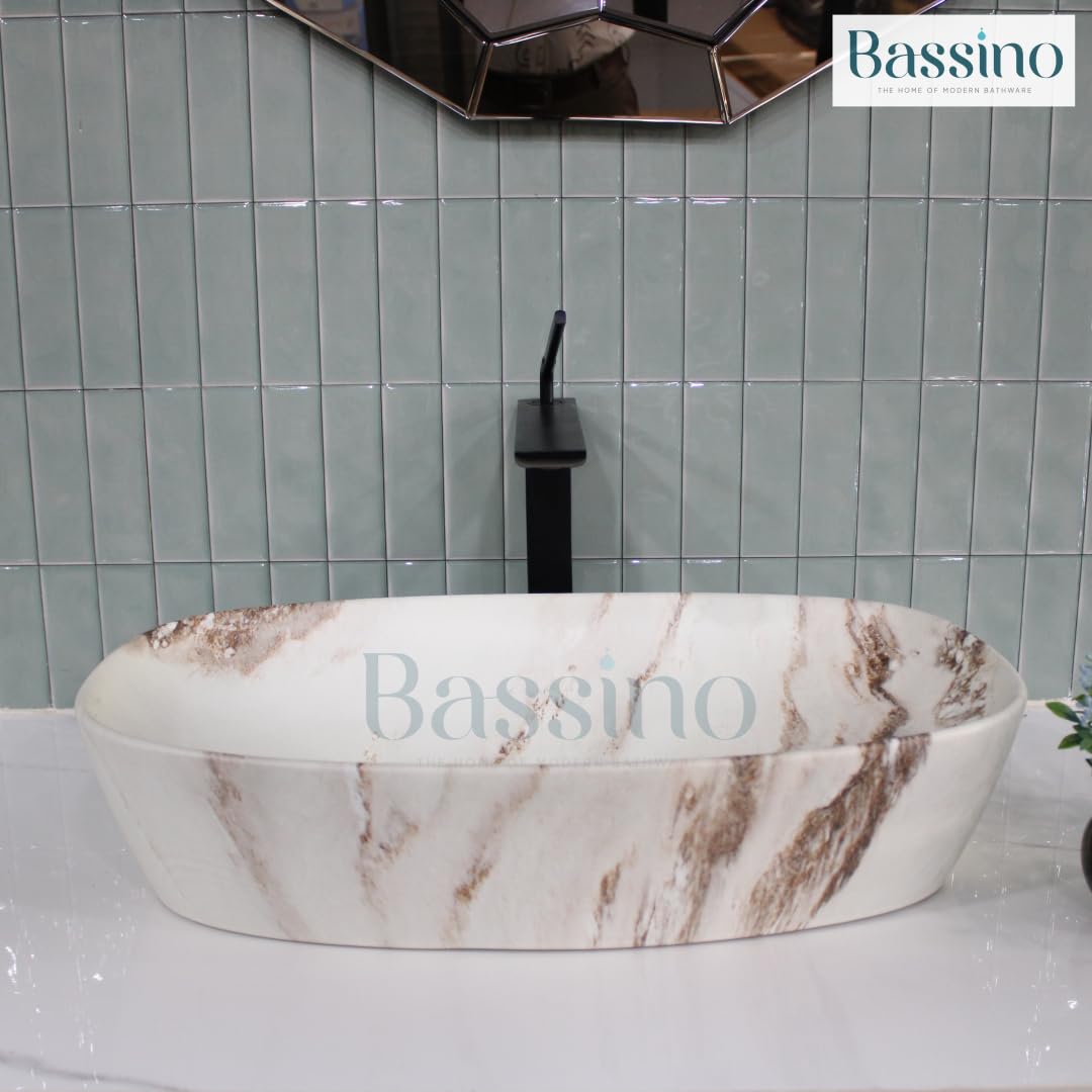 BASSINO Art Wash Basin Countertop, Tabletop Ceramic Bathroom Sink/Basin (600x380x140mm) (Marble2)